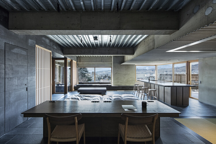 Matsumotohonbako Hotel / Suppose Design Office - Interior Photography, Kitchen, Table, Chair, Beam